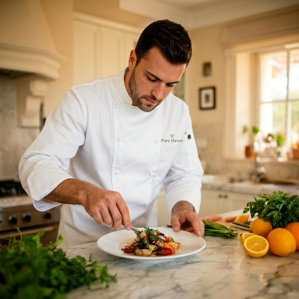 Chef Mateo plating a Mediterranean dish in a Marbella villa kitchen
