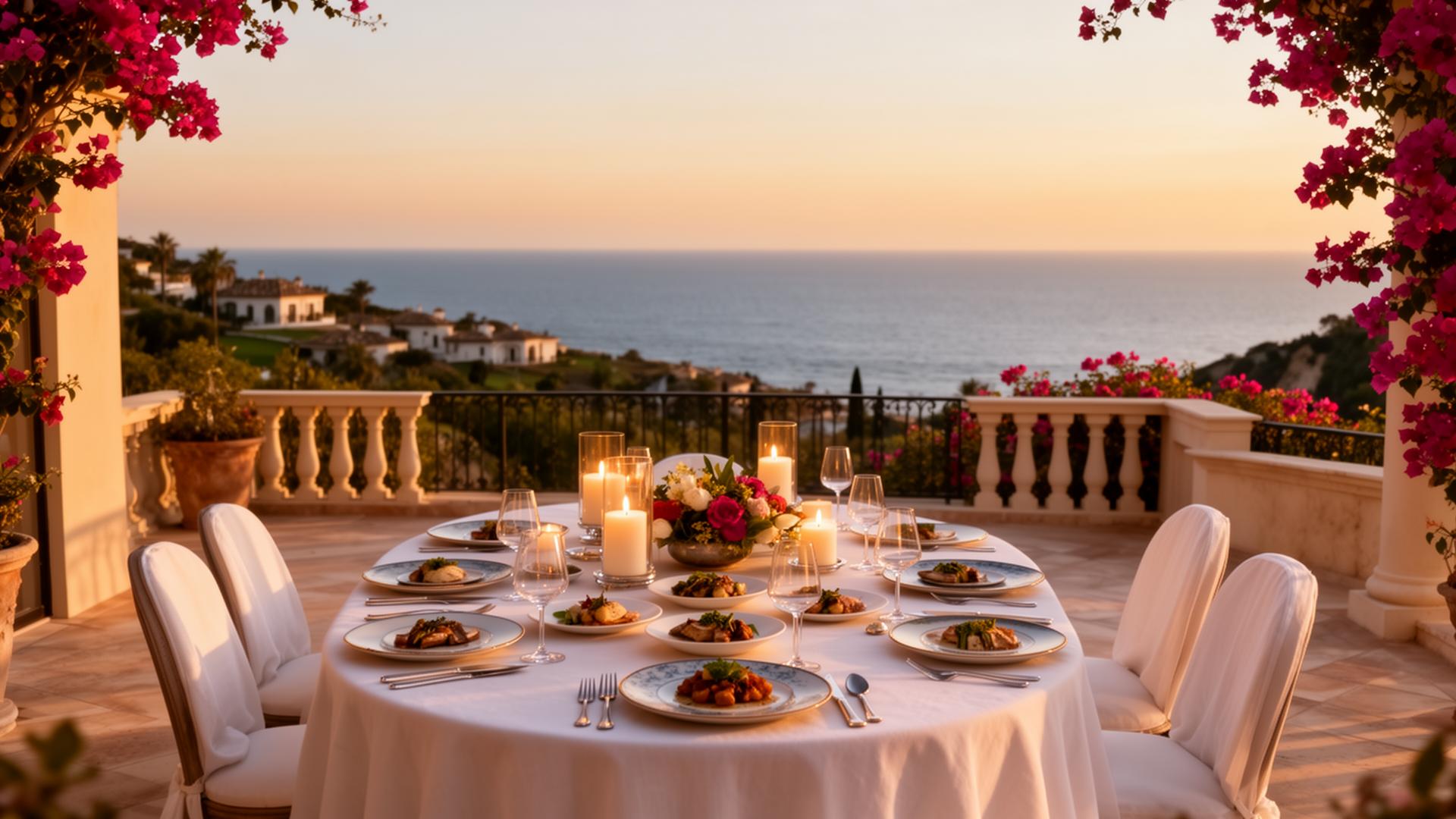 Private chef table setting on a Marbella villa terrace overlooking the Mediterranean